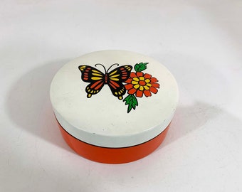 vintage Butterfly Floral Box Plastique Mid-Century Modern Laque Ware Orange années 1970 70s Coloré Dopamine Decor Storage