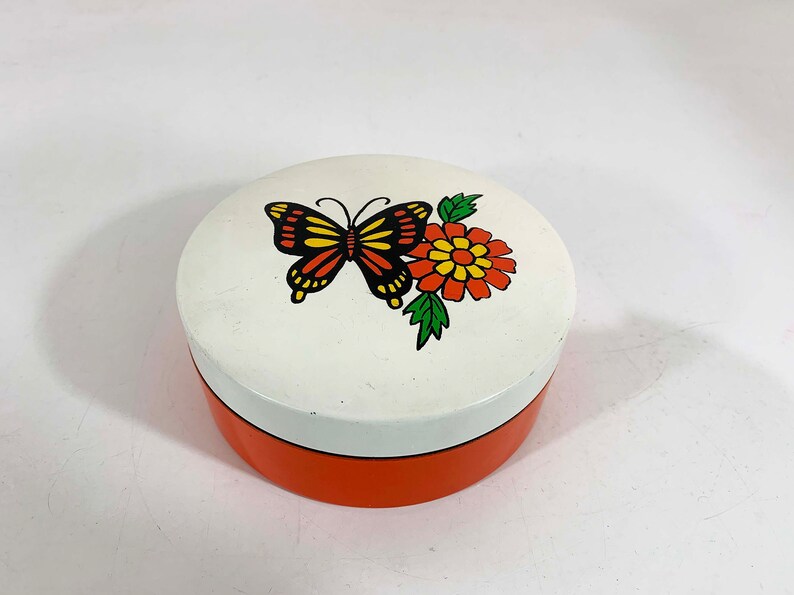Vintage Butterfly Floral Box Plastic Mid-Century Modern Lacquer Ware Orange 1970s 70s Colorful Dopamine Decor Storage image 1