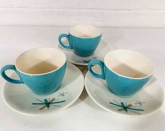 Vintage Salem North Star Set of 3 Coffee Cups Saucers Hopscotch Mid Century Atomic Aqua Blue China MCM Mad Men Tea 1950s