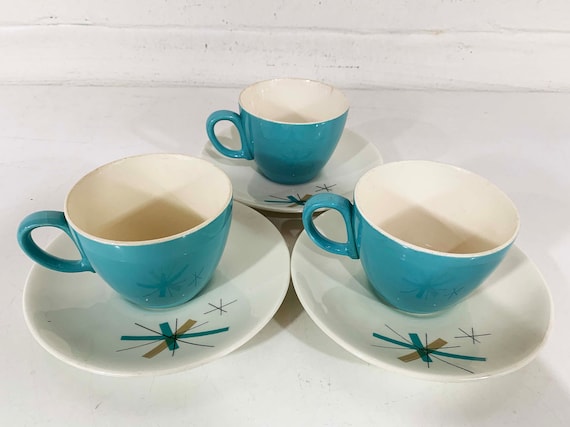 Vintage Salem North Star Set of 3 Coffee Cups Saucers Hopscotch Mid Century Atomic Aqua Blue China MCM Mad Men Tea 1950s