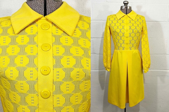 Vintage Sunshine Yellow Mini Dress 60s Mod 1960s Long Sleeve Twiggy Ruth Norman for Gay Gibson Small