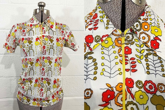 Vintage Mod Floral Blouse Red White Orange Yellow Short Sleeves O Ring Zipper Collared Half Zip 1970s 1960s Small XS