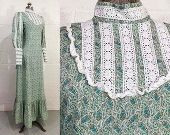 Vintage Paisley Lolita Dress 70s Mod Maxi Sage Green 1970s Mod Twiggy Peasant Long Sleeve Hostess Gown Prom Dopamine Dressing Small Medium