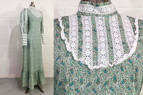 Vintage Paisley Lolita Dress 70s Mod Maxi Sage Green 1970s Mod Twiggy Peasant Long Sleeve Hostess Gown Prom Dopamine Dressing Small Medium