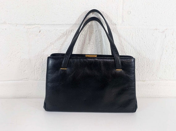 Vintage Black Purse Evening Structured Bag Handbag Gold Brass Snap Lock 1970s 1960s