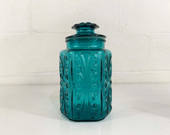 Vintage Glass Kitchen Canister L E Smith Apothecary Jar Atterbury Scroll Carnival Teal Blue Storage Glassware 1970s 70s Cookie Boho