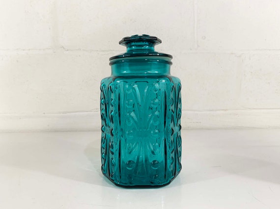 Vintage Glass Kitchen Canister L E Smith Apothecary Jar Atterbury Scroll Carnival Teal Blue Storage Glassware 1970s 70s Cookie Boho