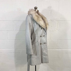 Vintage Grey Leather Belted Jacket Fur Collar Mod Boho Gray Mid-Length Trench Coat Button Front Penny Lane 1970s 1960s Medium image 6