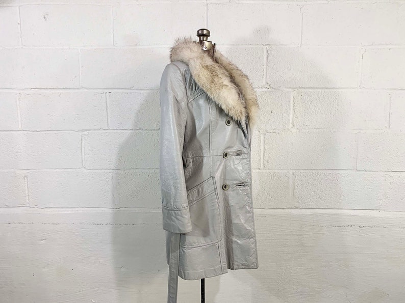 Vintage Grey Leather Belted Jacket Fur Collar Mod Boho Gray Mid-Length Trench Coat Button Front Penny Lane 1970s 1960s Medium image 6