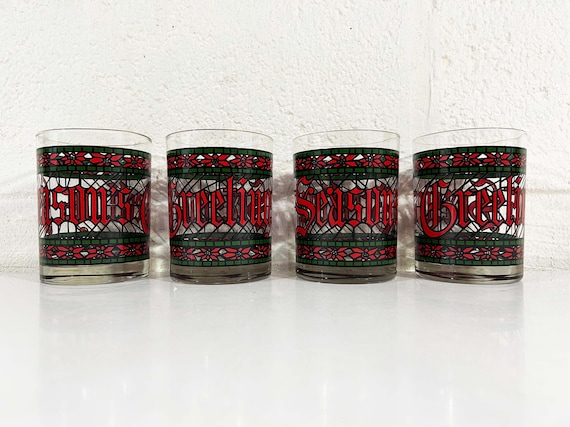 Vintage Houze Season's Greetings Christmas Glasses Mid Century Happy Holidays Rocks Glass Tumblers Barware Cocktail Set of 4 1970s 70s