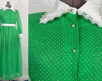 Vintage Green Maxi Dress 60s Mod White Trim Hostess 1960s Fit & Flare Twiggy Long Sleeve Ruth Carolina Polka Dot Cottagecore Kawaii Medium