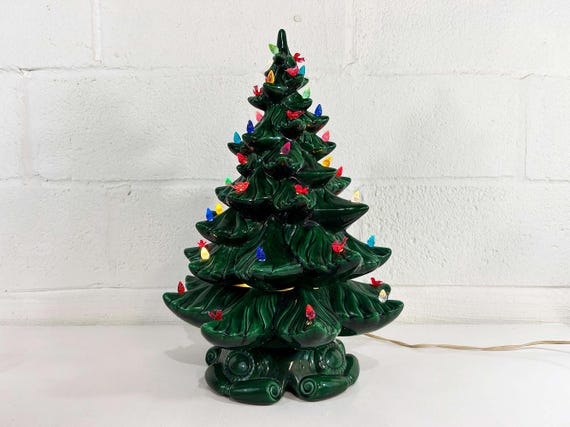 Vintage Ceramic Christmas Tree Atlantic Mold Holiday Light Up Lamp Pottery Decoration Colorful Rainbow Bulbs 1970s