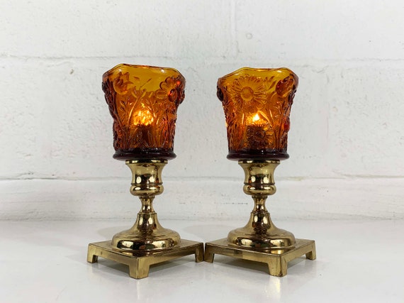 Vintage Glass Brass Candle Holders Pair Tea Light Candlesticks Wedding Candlestick Candleholders Amber Yellow Votives 1970s