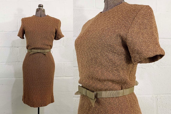 Vintage 60s Lace Wiggle Dress Bow Belt Short Sleeve Brown Wedding Party Cocktail New Year's Evening 1960s Small XS