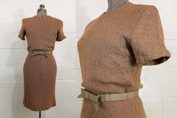 Vintage 60s Lace Wiggle Dress Bow Belt Short Sleeve Brown Wedding Party Cocktail New Year's Evening 1960s Small XS