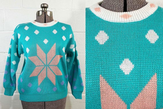 Vintage Snowflake Knit Sweater: 1970s Teal Pastel Ski Chalet Jumper Pullover 70s Medium