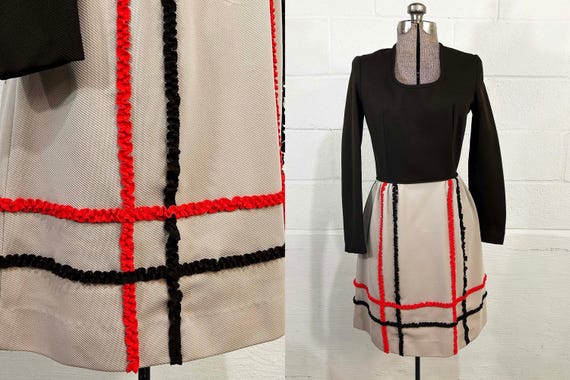 Vintage Taupe Mod Dress Orange Brown Long Sleeves Fit & Flare Gay Gibson Twiggy Scoop Neck 1960s XS Small