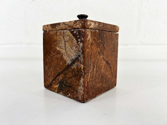 Vintage Marble Trinket Box Stone Natural Decor Gift Large Bohoemian Boho Brown Lidded Box with Metal Knob 1970s 1980s Bookshelf