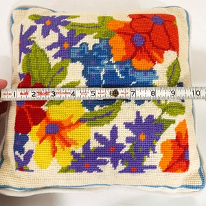 Vintage Floral Pillow Needlepoint Square Rainbow Accent Colorful White Throw Sofa Couch Small Mid-Century 1970s 1960s image 6
