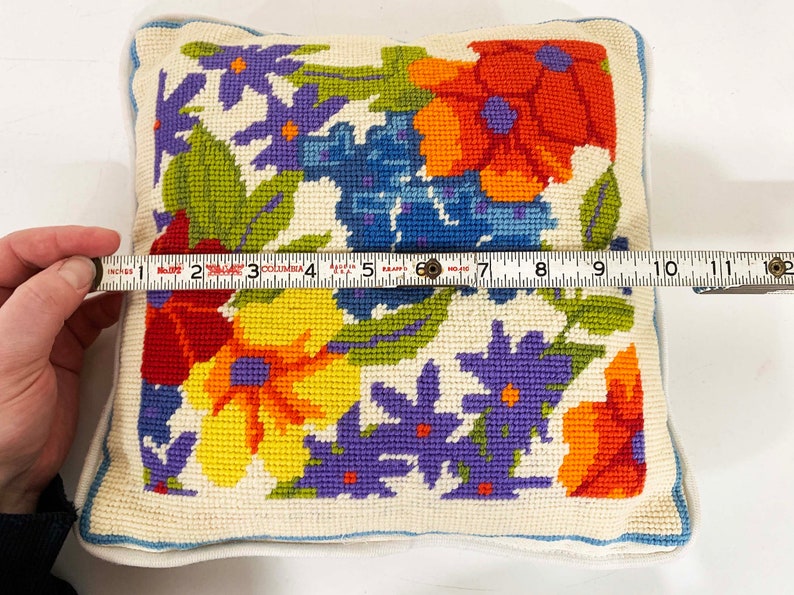 Vintage Floral Pillow Needlepoint Square Rainbow Accent Colorful White Throw Sofa Couch Small Mid-Century 1970s 1960s image 6