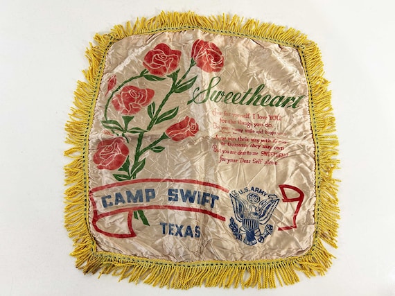 Vintage WWII US Army Camp Swift Texas Sweetheart Square Pillowcase Fringed Red Roses Satin Pillow Cover Post Exchanges 1940s 40s
