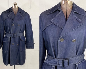 Vintage Blue Royalad Trench Coat Winter Parka Removable Fleece Lining Jacket Hipster Lined Denim 1970s Medium