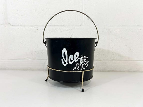 Vintage Black Penguin Ice Bucket Handle Leak-Tite Gold Metal Barware Mid-Century Drinks Bar 1950s