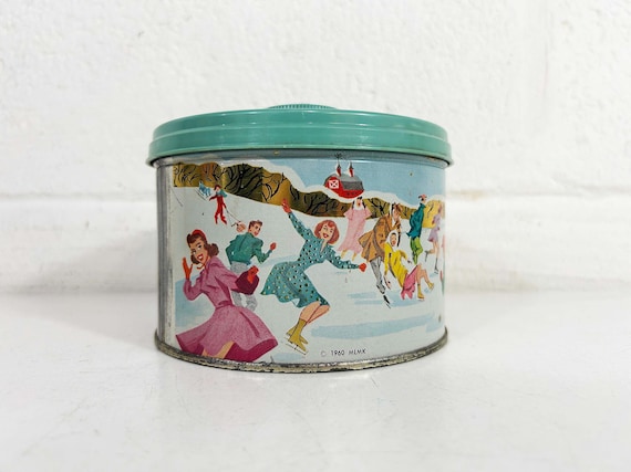 Vintage Christmas Candy Tin Mrs. Leland's Old Fashioned Golden Butter Bits Metal Xmas Mid Century Winter Snow Scene Holidays 1960s