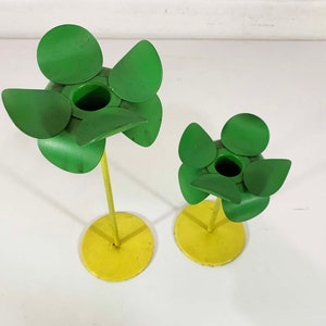 Vintage Metal Candle Holders Pair Green Yellow Candlesticks Decor Candleholder Wedding Candlestick Candleholders Flowers Petals 1970s image 2