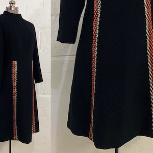Vintage Black Mod Dress Orange 1960s A-Line Long Sleeve Heavyweight Medium Small