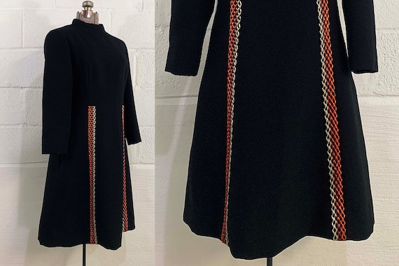 Vintage 60s Mod Dress Black Orange 1960s A-Line Long Sleeve Stripe Mad Men Twiggy Megan Draper Winter Heavyweight Medium Small