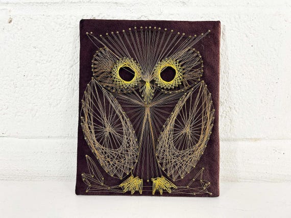 Vintage Owl String Wall Art Artwork Bird Brown Velvet Picture Rustic Wall Decor 1970s Lodge Rustic Boho