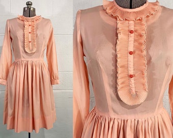 Vintage Peachy Pink Dress Mod Fit and Flare Twiggy Long Sleevess Ruffle Collar Lolita Kawaii Small 1960s