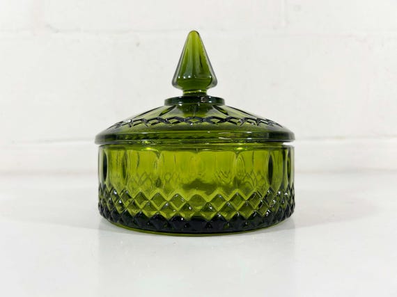 Vintage Indiana Glass Green Candy Dish Stasher Princess Covered Lidded Box Vanity Storage 1970s 70s