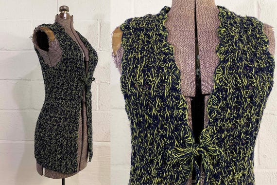 Vintage Crochet Sweater Vest Navy Chunky Sleeveless Cardigan 1970s Knit Small XS