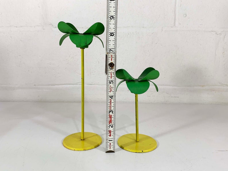 Vintage Metal Candle Holders Pair Green Yellow Candlesticks Decor Candleholder Wedding Candlestick Candleholders Flowers Petals 1970s image 10