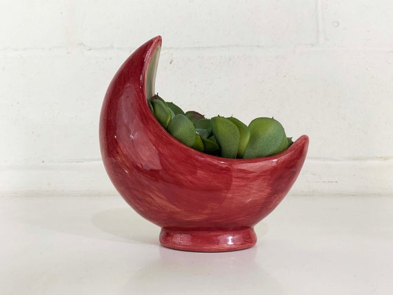 Vintage Moon Planter Crescent Maroon Plant Holder Pottery Grandmillenial Style Cottage Core Country Grandma Chic Indoor Succulent 1970s 80s