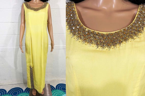 Vintage Butter Yellow Beaded Dress Long Maxi Hem Sleeveless Formal Prom Hostess Gown 1960s Medium