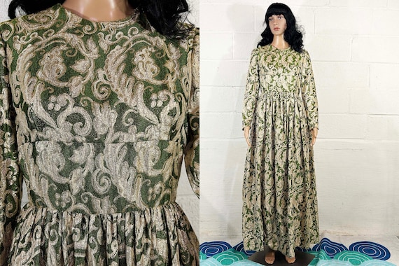 Vintage 60s Gold Maxi Dress Green Bridesmaid Prom Wedding Long Sleeve Formal Hostess Evening Gown 1960s Metallic Brocade Paisley Party Small