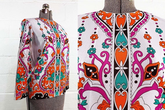 Vintage Colorful 70s Top Crew Neck Shirt Blouse Long Sleeved Zip Neck Psychedelic Helen Sue Pucci Style 1960s 1970s Medium