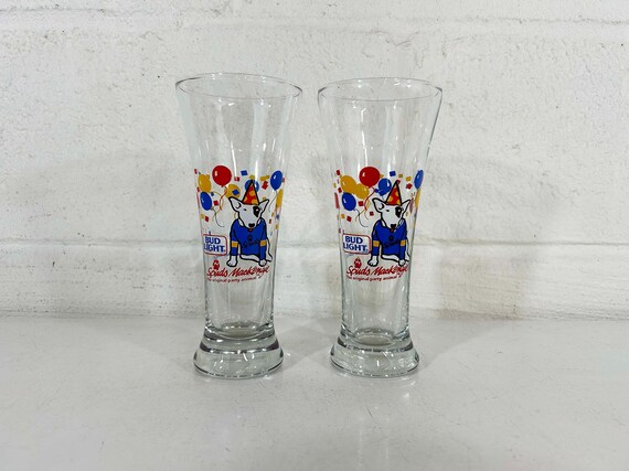 Vintage Glass Mugs Spuds MacKenzie Pair Set of 2 Bud Light Beer Glass Retro Barware 1980s 1987 Pilsner Party