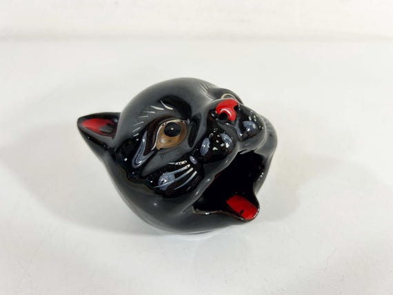Vintage Shafford Black Cat Open Mouth Ashtray Handpainted Japan Redware Planter Halloween Mid-Century 1950s