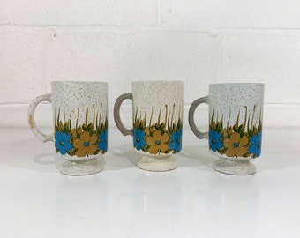 Vintage Set of 3 Pedestal Mugs Floral Stoneware Glazed Pottery Mug Green Blue Boho Flower Power Stacking Retro 1970s 70s