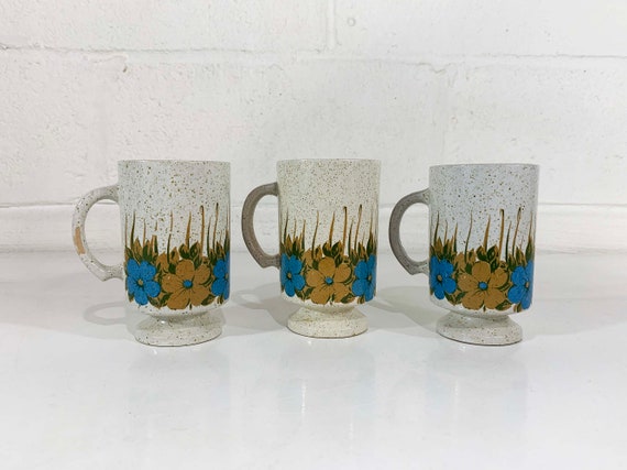 Vintage Set of 3 Pedestal Mugs Floral Stoneware Glazed Pottery Mug Green Blue Boho Flower Power Stacking Retro 1970s 70s