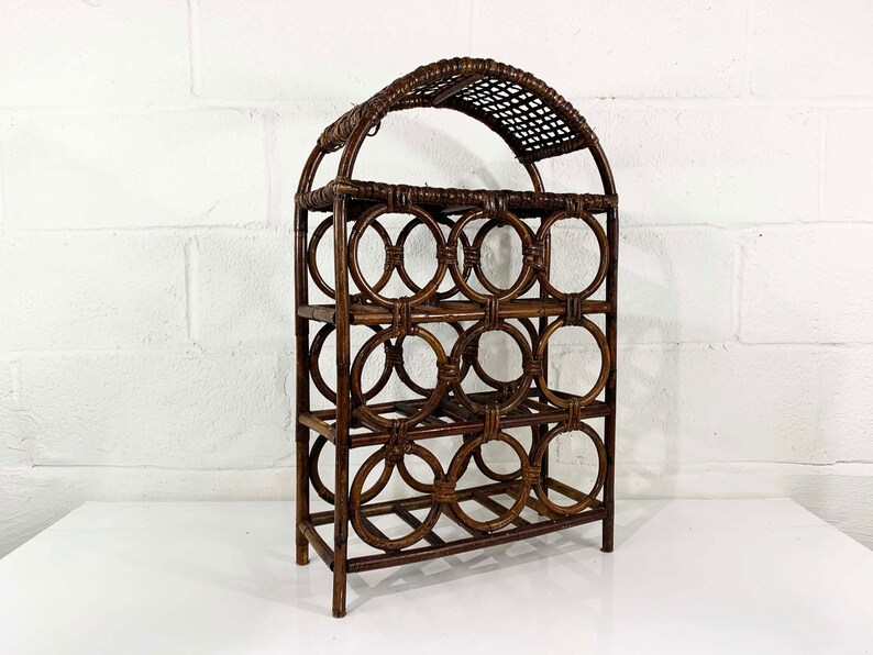Vintage Standing Wine Rack Wicker Woven Rattan Boho MCM Home Etsy