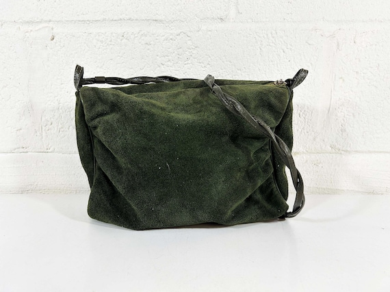 Vintage Green Suede Crossbody Purse Leather Handbag Forest Bag Retro Paisley Satin Lining 1970s 70s Hippie Bohemian Boho 1960s 60s