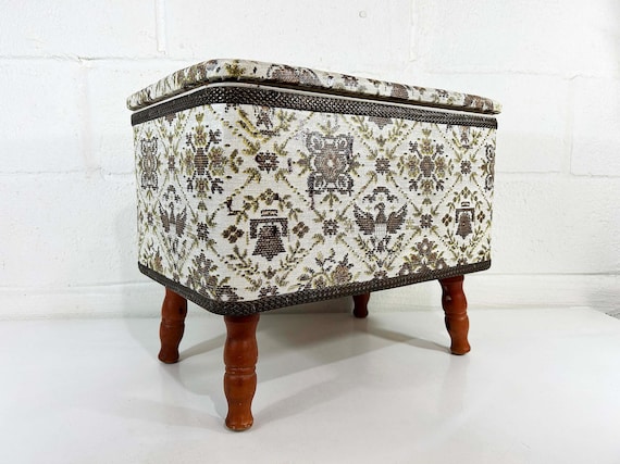 Vintage Vinyl Footstool Ottoman  Living Room Sewing Storage Americana Box Wooden Eagle Lid 1970s