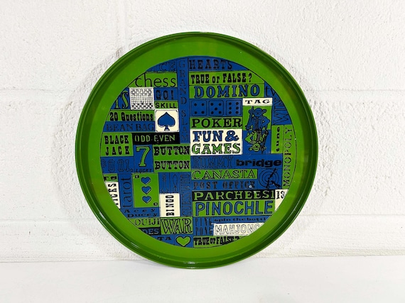 Vintage MCM Barware Tray: Fun & Games Serving Platter, 1960s-1970s