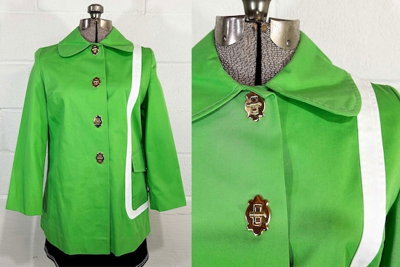 Vintage Kelly Green Jacket Long Sleeve Peacoat Mod Twiggy Bonwit Teller Rainbow Coat White Stripe Gold Toggles Union Made 1960s 1970s Medium