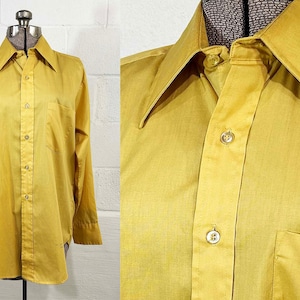 Koszula w stylu vintage z długim rękawem i guzikami w kolorze musztardowym, z kołnierzykiem Imperial Guard z lat 60. XX wieku, rozmiar L